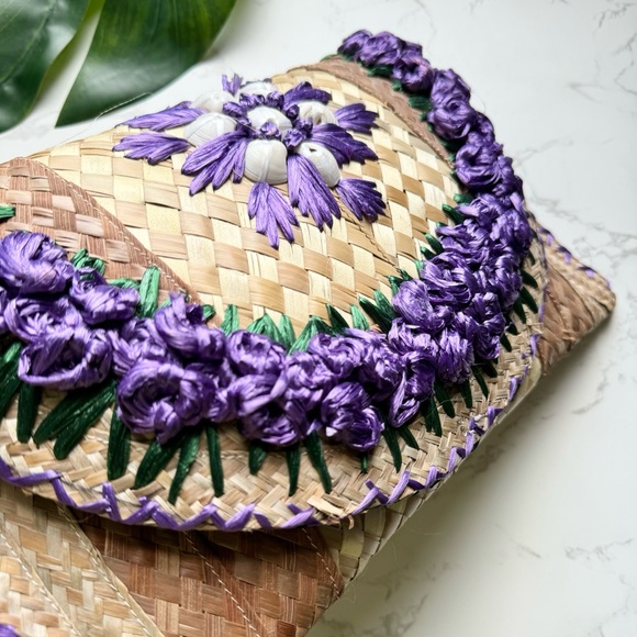 Purple Raffia Straw Weave Woven Oversized Clutch Bag Purse - Picture 4 of 7